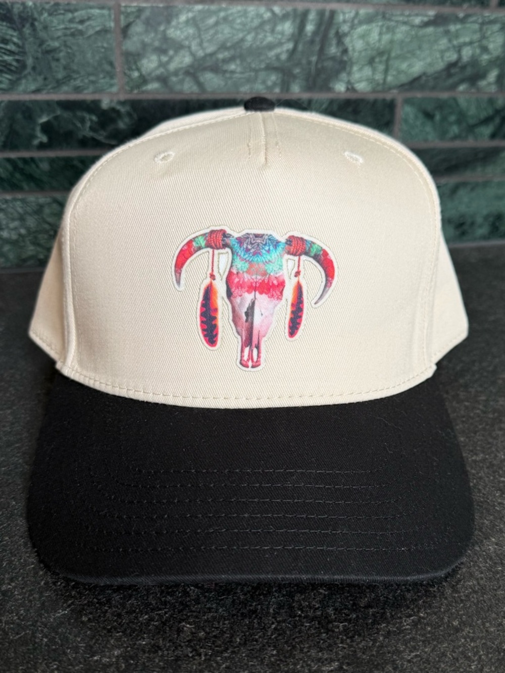 New Cream and Black Trucker Hat with Colorful Skull Patch